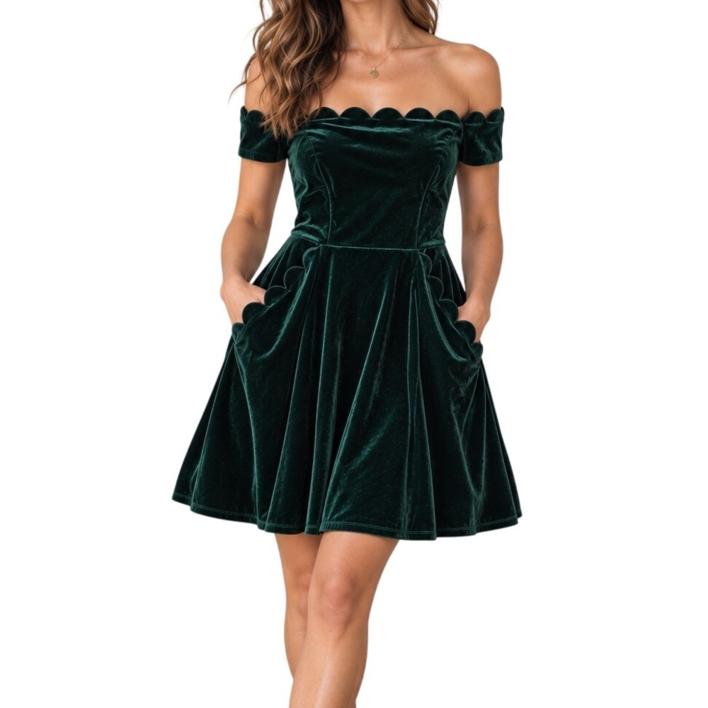 Bee Darlin Dark Green Velvet Scalloped Off Shoulder Dress Size 15 Forest Emerald